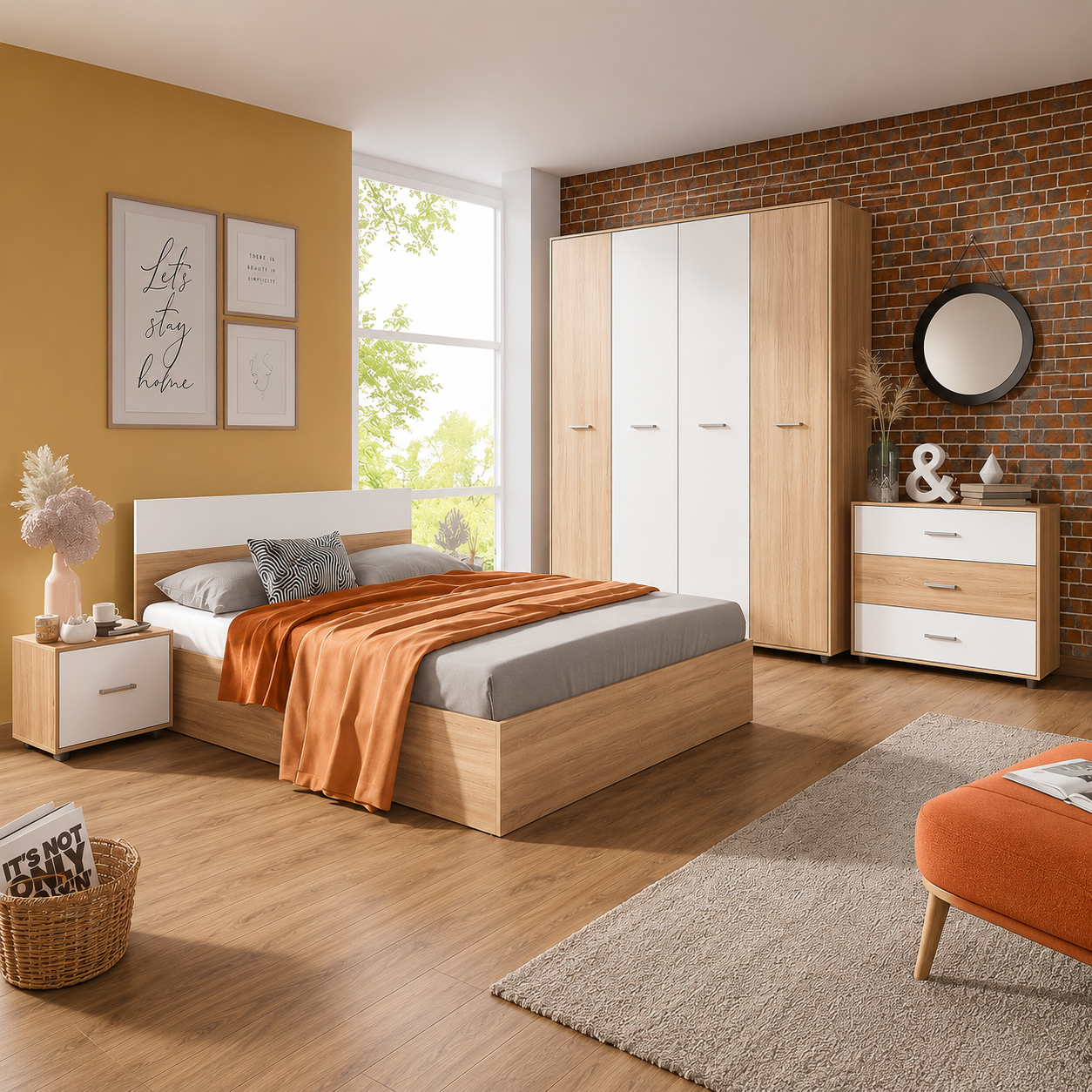 5-Piece Wooden Bedroom Set White in Beige - szr05