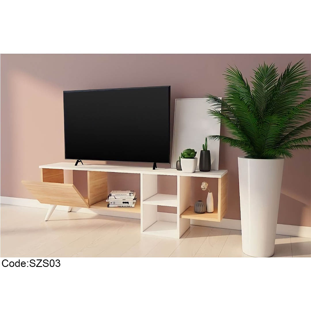 Modern Beige TV Table with White 4 Shelves
