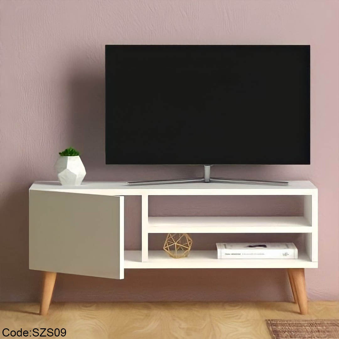 Modern Wooden TV Table with Door and Two Shelves